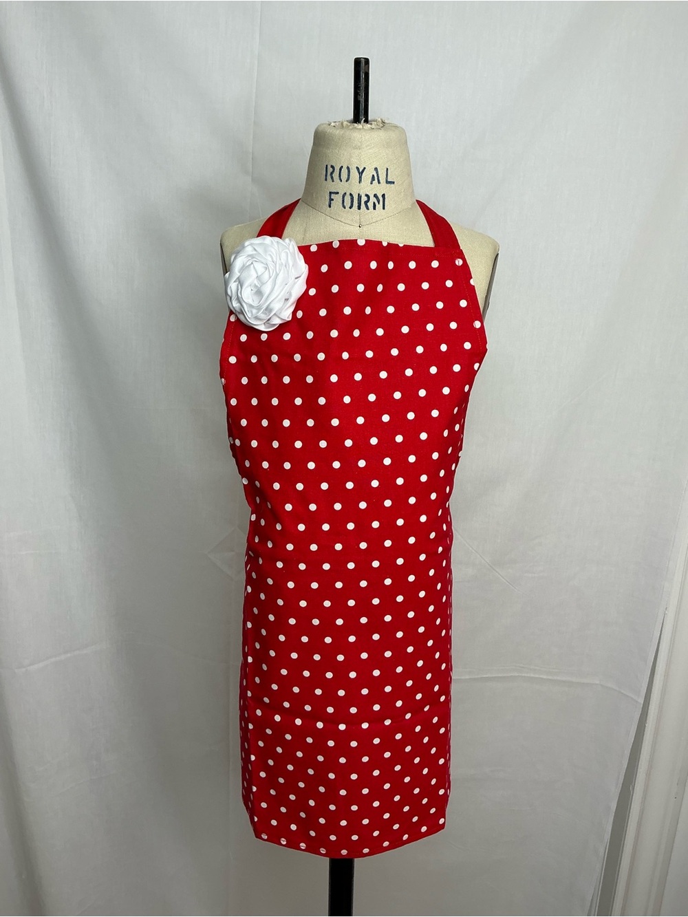 2098 - Red Polka Dot Kitchen Apron with White Rose